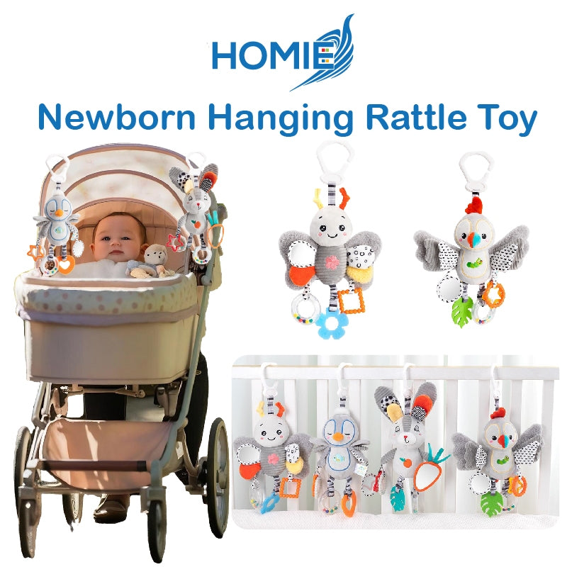 HOMIE Newborn Hanging Rattle Toy for Car Seat,Crib,& Stroller–Baby Soothing Plush Mobile 0-12 Months