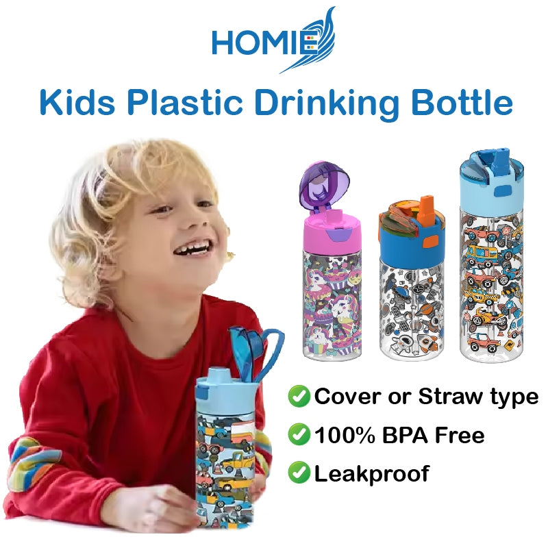 HOMIE Kids Plastic Drinking Bottle-Cover/Straw Type(450ml & 750ml)Leakproof/Snackbox or Spray Design