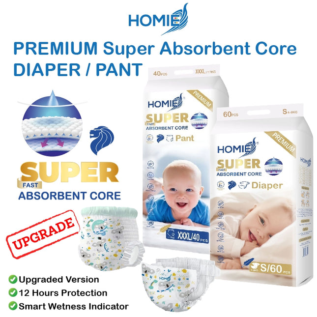 1Pack HOMIE PREMIUM Super Absorbent Core Baby DIAPER/PANT/12H Protection/Soft & Breathable