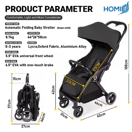 HOMIE Automatic Folding Baby Stroller/Lightweight/Soft & Breathable/MultiGear Adjustment/Large Space