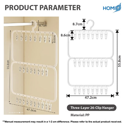 HOMIE MultiClip Baby Clothes Hanger/3 Layers 26-Clip Hanger/Baby Sock Storage Rack/Drying Windproof