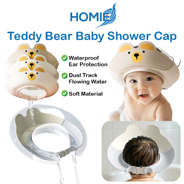 Teddy Bear Baby Shower Cap (Waterproof Bath Cover Ear Protection)