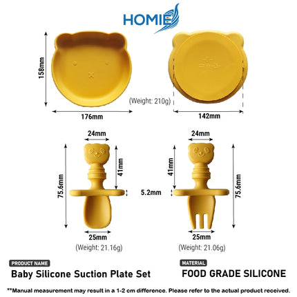 HOMIE Baby Silicone Suction Plate Spoon Fork Set 100%FoodGrade Silicone BearPlate Feeding Dinnerware