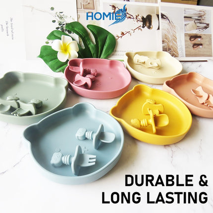 HOMIE Baby Silicone Suction Plate Spoon Fork Set 100%FoodGrade Silicone BearPlate Feeding Dinnerware