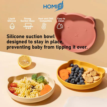 HOMIE Baby Silicone Suction Plate Spoon Fork Set 100%FoodGrade Silicone BearPlate Feeding Dinnerware