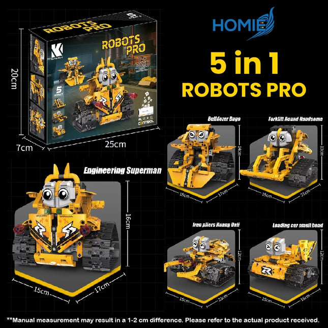 HOMIE ROBOTS PRO 5-in-1 STEM Robot Kit/RC Control,Programmable Construction Blocks for Kid/Dual Mode