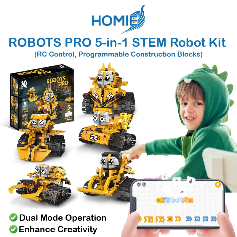 HOMIE ROBOTS PRO 5-in-1 STEM Robot Kit/RC Control,Programmable Construction Blocks for Kid/Dual Mode