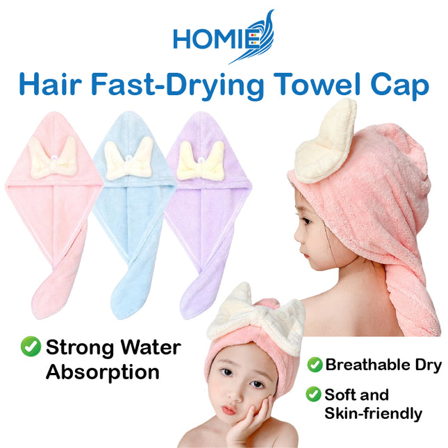 HOMIE Hair Fast-Drying Towel Cap/Strong Water Absorption/Soft/Breathable/Skin-friendly/CuteBowDesign