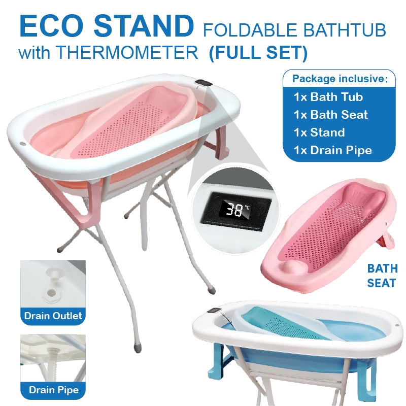 ECO Stand Foldable Bathtub with Thermometer & Bath Seat/Drain Pipe (Full Set)/ Without Bending Over