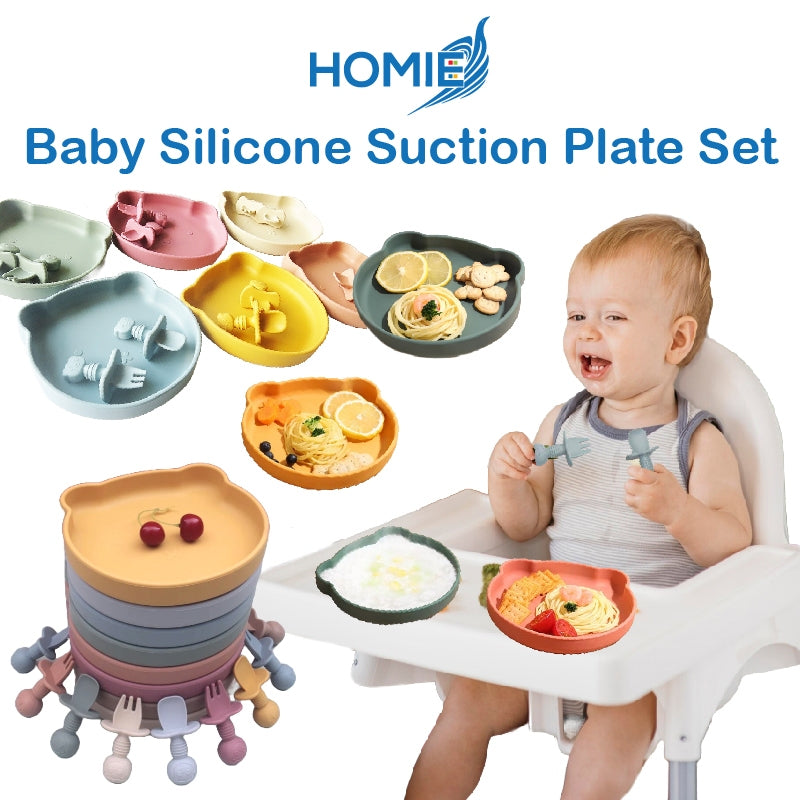 HOMIE Baby Silicone Suction Plate Spoon Fork Set 100%FoodGrade Silicone BearPlate Feeding Dinnerware