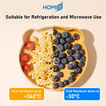 HOMIE Baby Silicone Suction Plate Spoon Fork Set 100%FoodGrade Silicone BearPlate Feeding Dinnerware