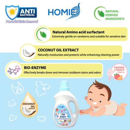 HOMIE Baby 2-in-1 Laundry Detergent & Softener/Coconut Oil Extract/Bio-Enzyme Formula/Antibacterial