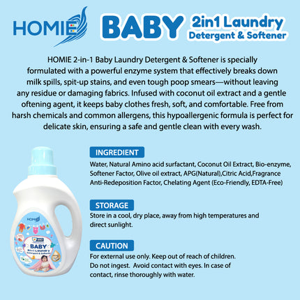 HOMIE Baby 2-in-1 Laundry Detergent & Softener/Coconut Oil Extract/Bio-Enzyme Formula/Antibacterial