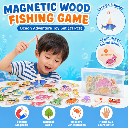 MAGNETIC WOOD FISHING GAME Ocean Adventure Toy Set (31 Pcs)